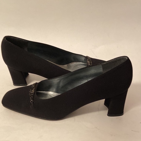 Stuart Weitzman Pump Women's 6 B Black Fabric Embellish Slip On Block Heel Spain - Picture 5 of 8